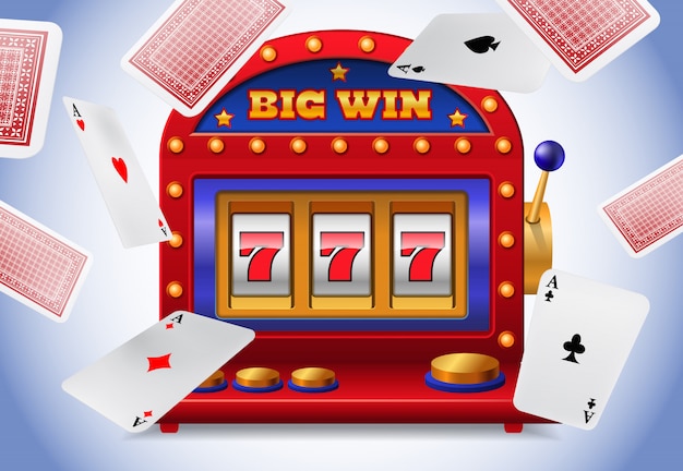 Free Vector Lucky Seven Slot Machine And Flying Playing Cards Casino Business Advertising