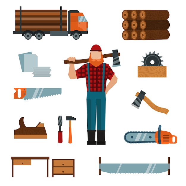 Premium Vector | Lumberjack cartoon character with lumberjack tools