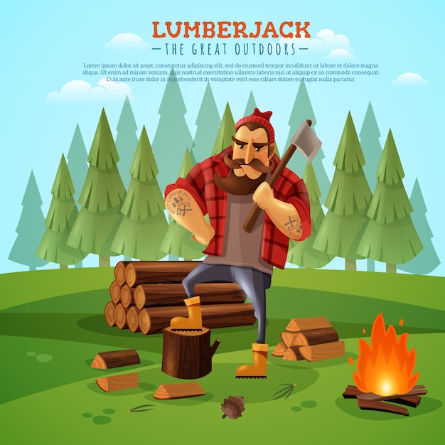 Cartoon Lumberjack Cutting Down Tree : Cartoon stick drawing conceptual