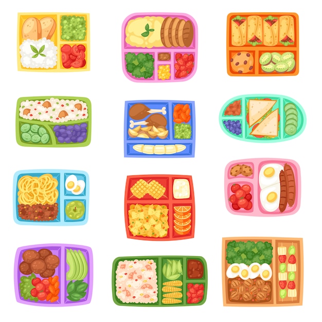 健康食品の野菜や果物のお弁当箱学校のお弁当箱子供イラスト プレミアムベクター
