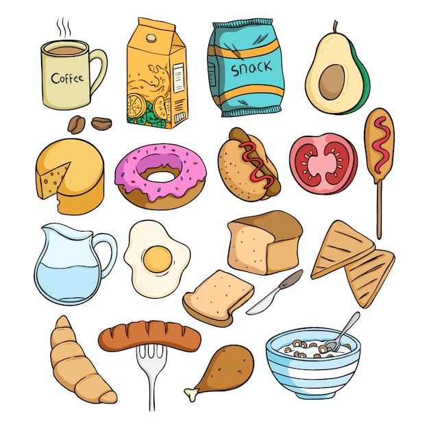 Premium Vector | Lunch food collection with colored doodle style