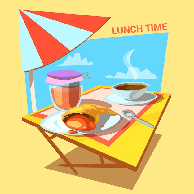 Free Vector | Lunch time cartoon with croissant bakery jam and coffee
