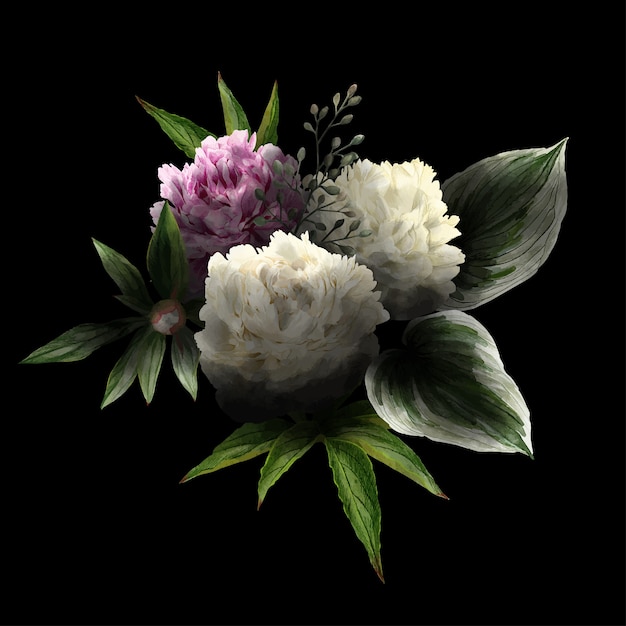 控えめな 黒の背景 ピンクと白の牡丹と葉 手描きのwtercolorイラストの緑豊かな花の花束 プレミアムベクター