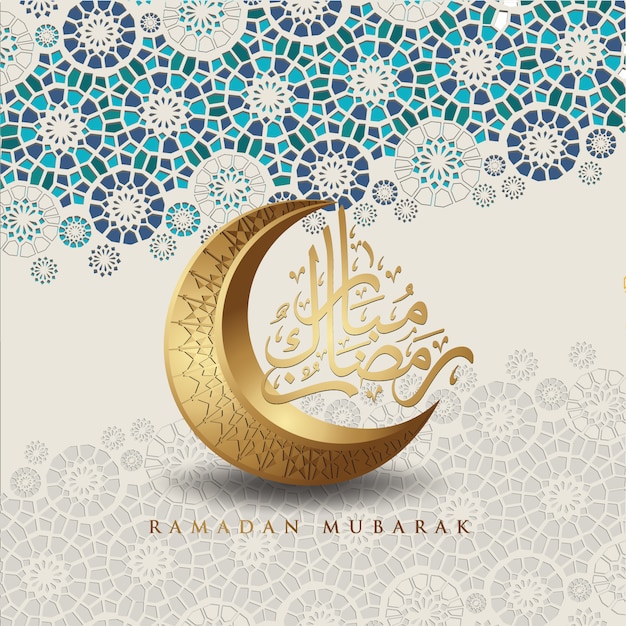 Luxurious and elegant design ramadan kareem with arabic calligraphy, crescent moon and islamic ornam