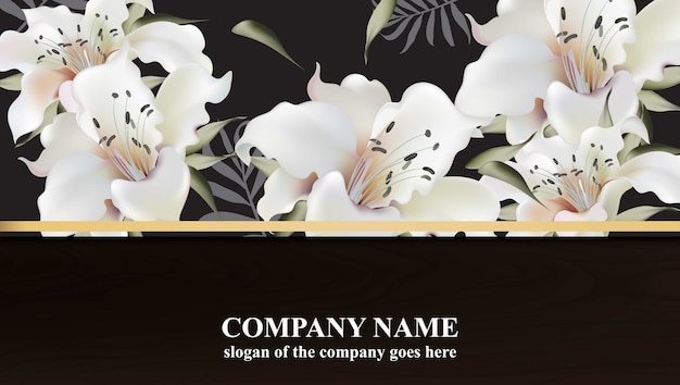 ユリの花とラグジュアリーカードベクトル ブランドブック 名刺 ポスターのための美しいイラスト 黒の背景 テキストのための場所 プレミアムベクター