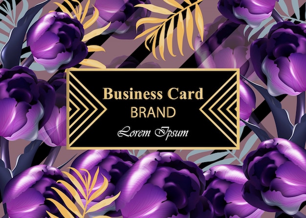 豪華なカードと紫のチューリップの花ベクトル ブランドブック 名刺 ポスターのための美しいイラスト ピンクの背景 テキストのための場所 プレミアムベクター