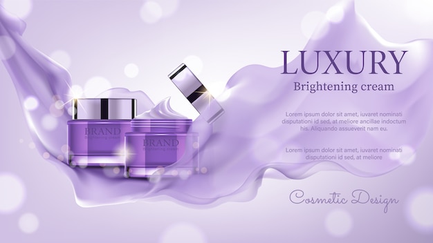Luxury cosmetic ads, exquisite container with purple satin on bokeh background Premium Vector