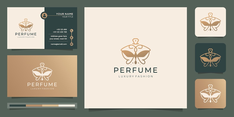  Luxury design perfume bottle logo design with business card, golden color, abstract style template.