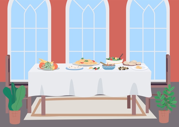 Premium Vector | Luxury dinner table flat color illustration. living