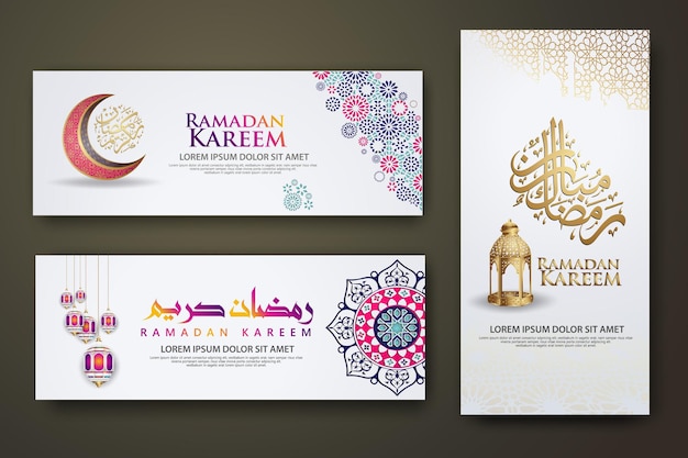 Luxury and elegant banner set template, ramadan kareem with calligraphy islamic, crescent moon, trad