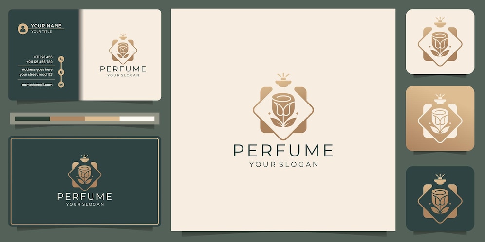  Luxury elegant perfume logo template, abstract perfume bottle with flower, golden color design. Pre
