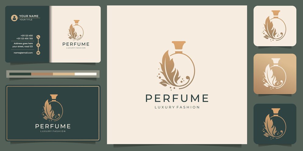  Luxury perfume bottle logo and business card design. bottles perfume spray logo with beauty flower.