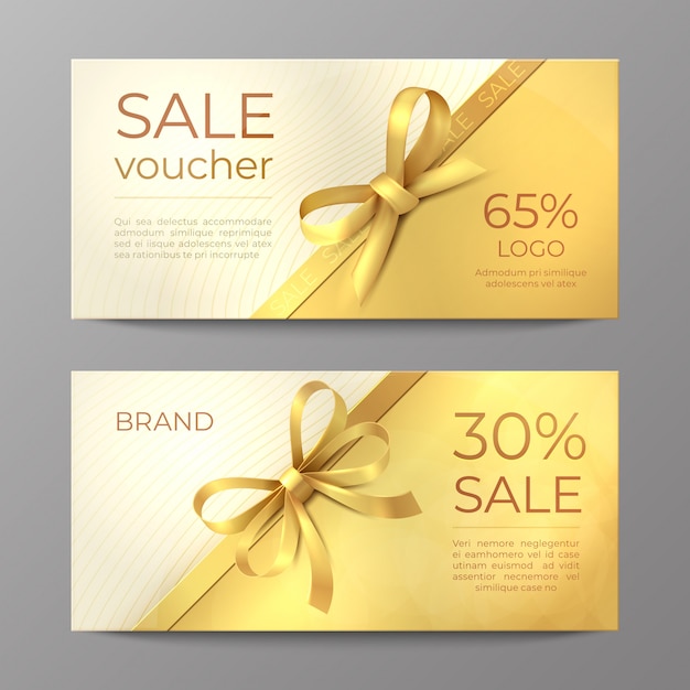 Luxury voucher card. golden ribbon certificate, elegant celebration coupon, discount promotion flyer