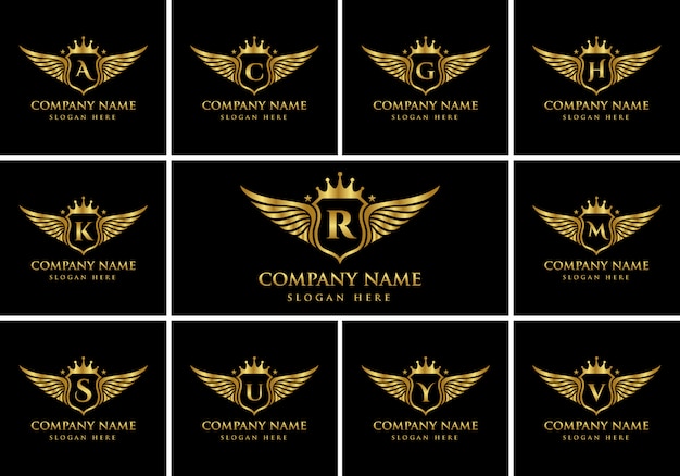 Luxury wing emblem alphabets logo set with crest gold color logo Premium Vector