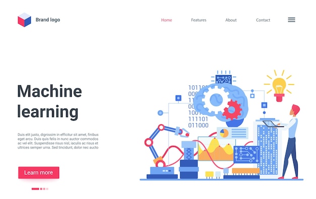 Machine ai learning landing page specialist engineer teaching artificial intelligence Premium Vector