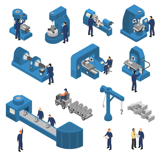 Machine tools with workers isometric set | Free Vector