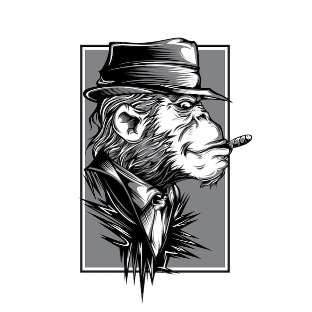 Premium Vector Mafia Monkey Black And White Illustration