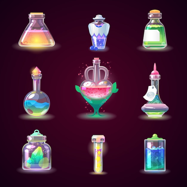 錬金術や化学のイラストのガラスや液体の毒ドリンクで魔法瓶魔法のゲームポーション プレミアムベクター