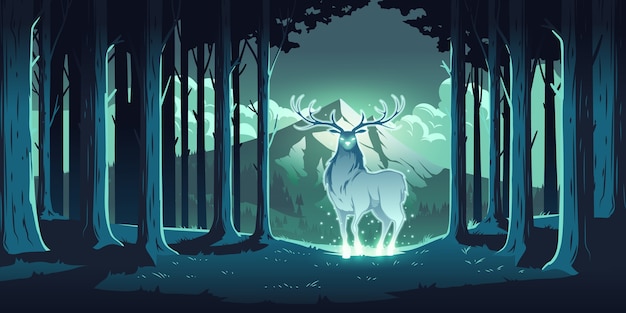 夜の森の魔法の鹿 輝く目と体の神秘的なクワガタ 自然の魂 木の保護者 木々や山の風景のトテミック動物 雄大なトナカイ 漫画イラスト 無料のベクター