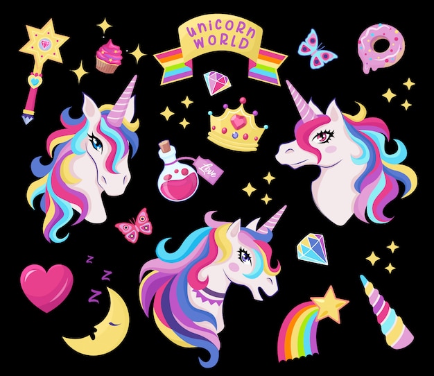 Magic unicorn icon set with magic wand, stars with rainbow, diamonds, crown, crescent, heart, butterfly, decor for girl birthday, Premium Vector