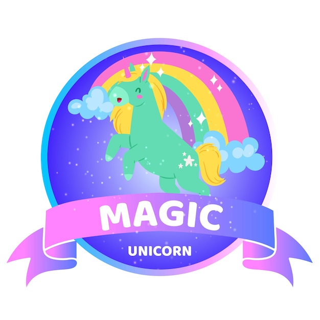 魔法のユニコーンの碑文 背景情報 美しい明るい動物 イラスト 白 かわいいファンタジー馬 アニメーション付きの虹のユニコーン 幸せなおとぎ話 プレミアムベクター