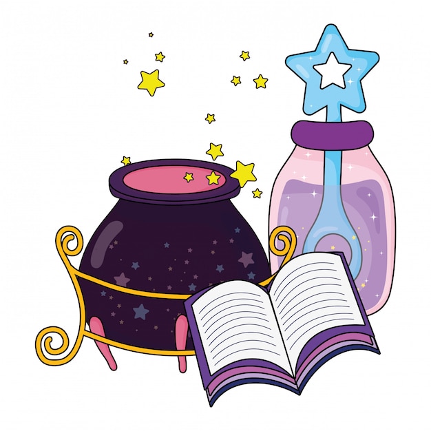 Download Magic witch cauldron with potion bottle and book Vector ...