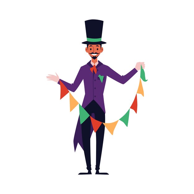 紫の衣装と魔法のトリック 幸せな漫画のキャラクターのプリフォームと笑顔 イラストのカラフルな旗ガーランドを保持しているシルクハットの魔術師の男 プレミアムベクター