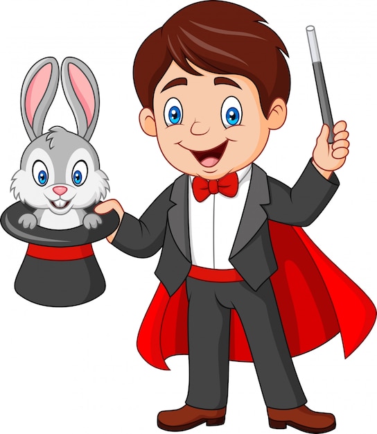 Magician pulling out a rabbit from his top hat Premium Vector