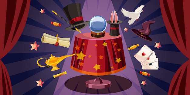 Premium Vector Magician Table Background Horizontal Cartoon Style