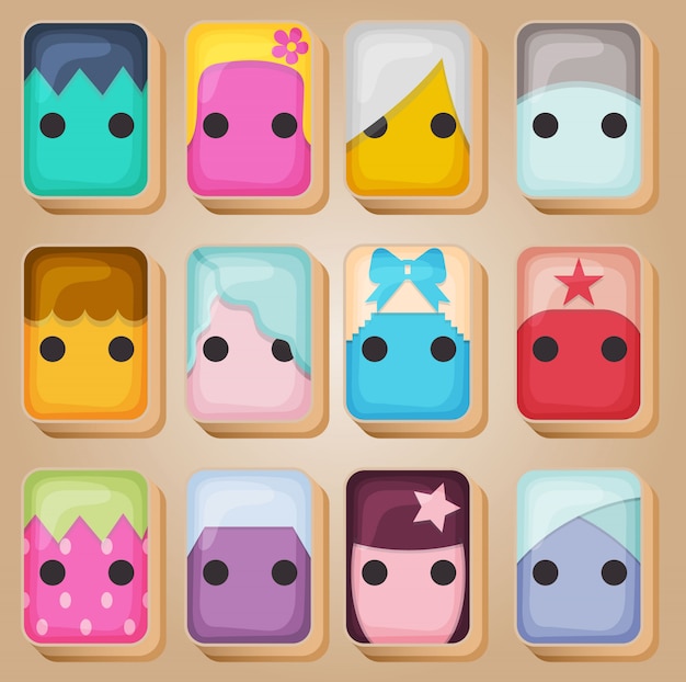 Mahjong cards line catoons set in different color. Premium Vector