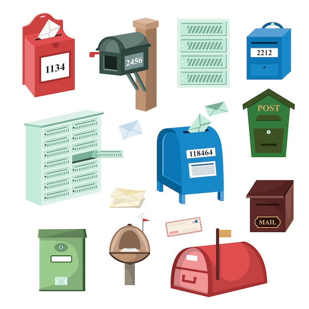 メールボックスポストメールボックスまたは郵便メーリングレターボックスイラストセット配信のポストボックスの白い背景で隔離の手紙を郵送 プレミアムベクター
