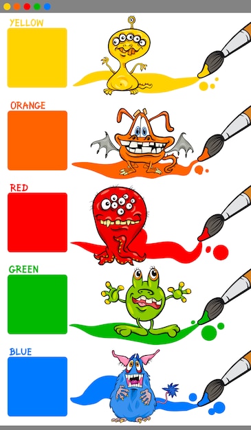Main colors with cartoon monsters Premium Vector