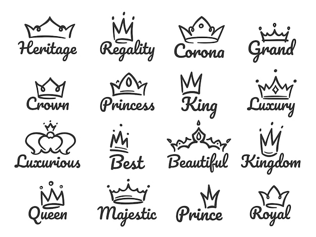 Premium Vector Majestic Crown Logo Sketch Prince And Princess Hand Drawn Queen Sign Or King Crowns Graffiti Illustration Set