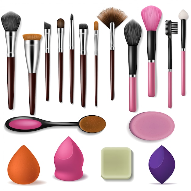 Premium Vector Makeup Brush Professional Beauty Applicator Accessory And Fashion Brushed Tools For Powder Blush Shadow Illustration Set Of Making Up Cosmetic Brushing Products Isolated On White Background