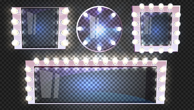 Makeup mirrors of different shapes with lamps bulb illustration modern silver frame Free Vector