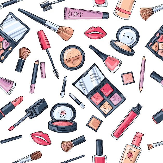 化粧のシームレスパターン さまざまな化粧品のイラスト 口紅とポマードグラマーのベクトルの背景 プレミアムベクター