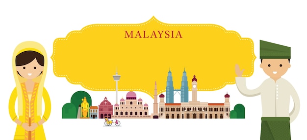 Premium Vector | Malaysia landmarks and traditional clothing