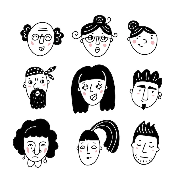 落書きスタイルのシンプルなイラストで手描きの男性と女性の異なる変な顔 プレミアムベクター