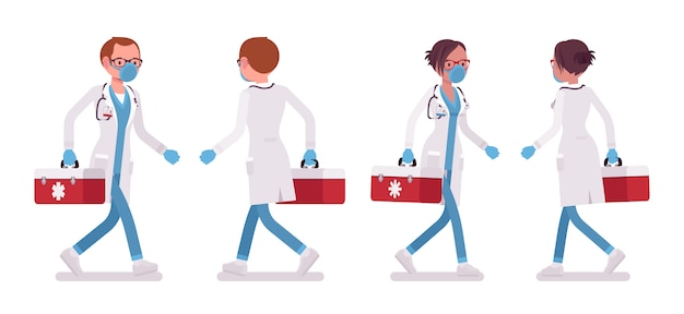歩く男性と女性の医師 赤いボックスの病院の制服を着た男女 医学とヘルスケアの概念 白い背景 フロント リアビューのスタイル漫画イラスト プレミアムベクター