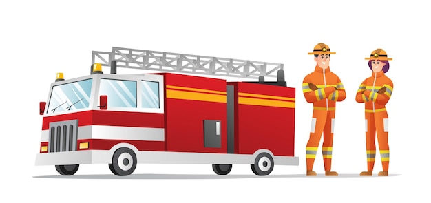 消防車のイラストと男性と女性の消防士のキャラクター プレミアムベクター