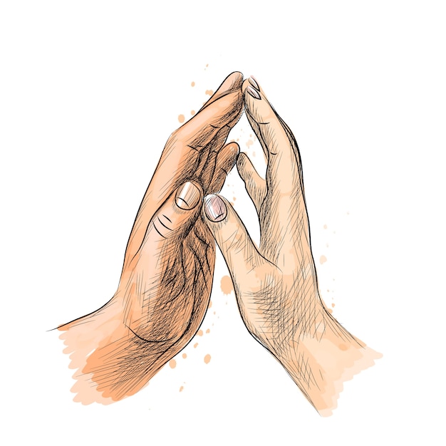 男性と女性の手は 水彩 手描きのスケッチのスプラッシュから指に触れます 塗料のイラスト プレミアムベクター