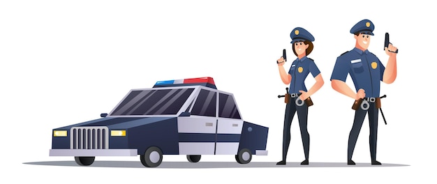 パトカーのイラストの横に銃を持っている男性と女性の警察官 プレミアムベクター