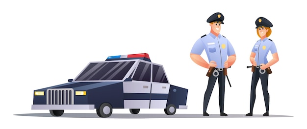 パトカーのイラストの横に立っている男性と女性の警察官 プレミアムベクター
