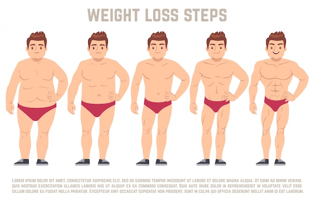 男性はダイエット前後で 体脂肪は薄い 減量ステップベクトルイラスト プレミアムベクター
