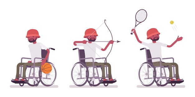 男性の黒の若い車椅子ユーザーとスポーツ活動 楽しんで テニス アーチェリーで競います 障害 医療の社会政策の概念 スタイル漫画イラスト 白い背景 プレミアムベクター