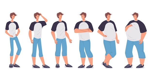 男性キャラクターの体型は 痩せ型のスリムから特大の非常に病的な肥満に変化します プレミアムベクター