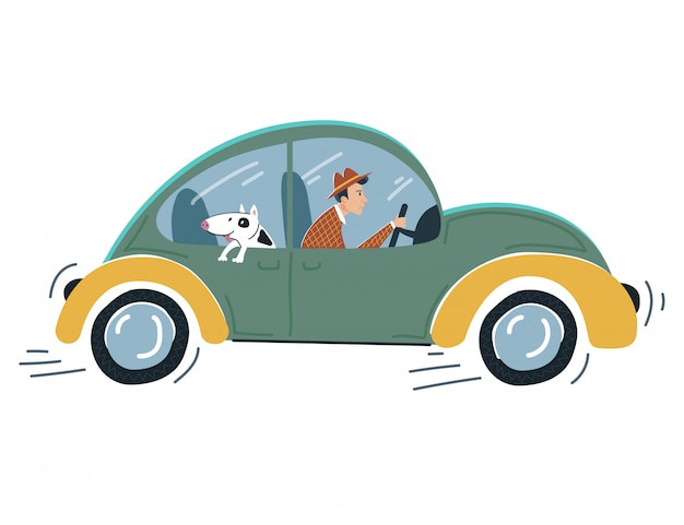 男性キャラクターコントロール車 白 イラストの面白い犬と悲観的な人格ドライブ車両 人は男急いで プレミアムベクター