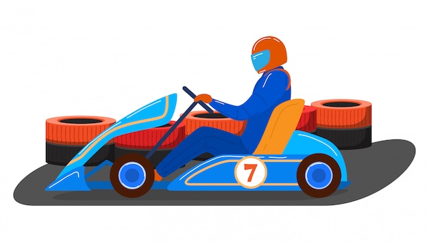 男性キャラクタードライバーゴーカート輸送車両 白 漫画イラストで隔離競争レースマシン プレミアムベクター