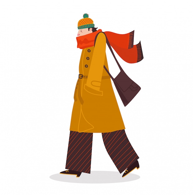 男性キャラクターは悪い秋の天候 白 イラストの冷たい秋の気象状態を歩きます 男は暖かい服を着ます プレミアムベクター