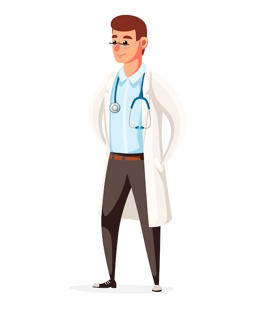 聴診器で男性医師 キャラクター 白い背景のウェブサイトのページとモバイルアプリのイラスト プレミアムベクター